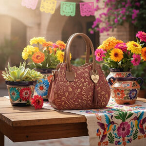 Wine Red Gold Brown Sunflower Embossed Tooled Artisan LEATHER Hobo Bag Purse